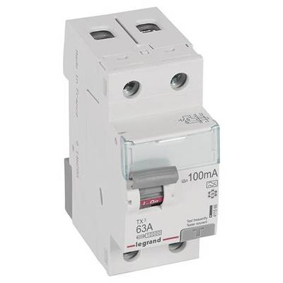'Legrand FI-Schutzschalter TX3, 63A, 100mA, Doppelschalter mit Testtaste. Weißes Gehäuse, geeignet für elektrische Sicherungsanlagen.'