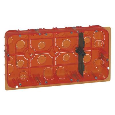 Ein orangefarbenes Kunststoff-Gehäuse mit mehreren Löchern und Befestigungspunkten, vermutlich für Elektroinstallationen.
