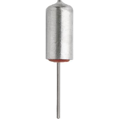 Silberfarbener zylindrischer Quarz-Oszillator mit zwei Stiften. Wird in elektronischen Schaltkreisen zur Frequenzbestimmung verwendet.