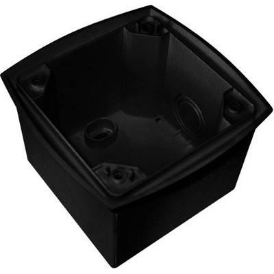 Schwarze, quadratische Unterputzdose mit vier Befestigungspunkten zur Wandmontage.
