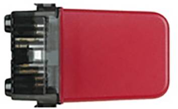 Ein rotes elektronisches Gerät mit einem schwarzen, durchsichtigen Abschnitt zur Batterieaufnahme, ohne erkennbaren Text oder Logos.