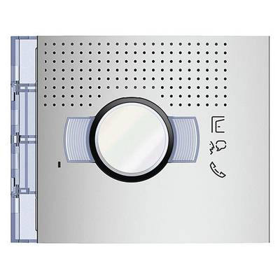 Elektronik-Gegensprechanlage mit Lautsprecher, Mikrofon und Klingeltaste, montiert auf einer Metallplatte.