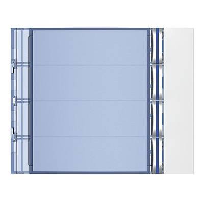 Blaues, rechteckiges Bauelement mit vertikalen Streifen und weißen Akzenten, möglicherweise ein Architektur- oder Designkonzept.