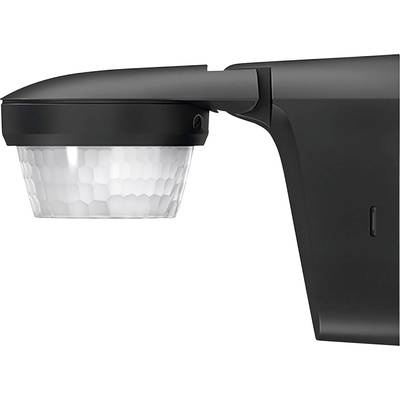 Sensor mit modernem Design montiert an Wand, dient zur Außenüberwachung, schwarzes Gehäuse mit durchsichtigem, strukturierter Abdeckung.
