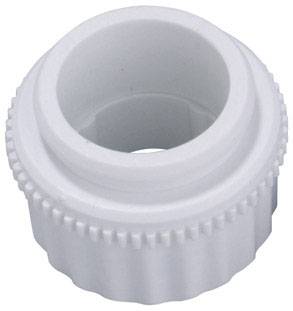 Ein weißes, geriffeltes Kunststoffteil, möglicherweise ein Adapter oder Verschluss, Ansicht von oben.