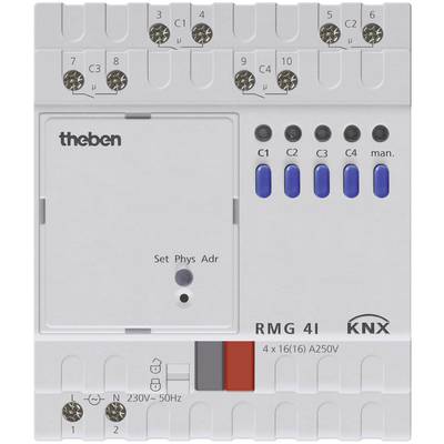 'Schaltaktor mit vier Tasten für manuelle Steuerung, physikalische Adressierung und LEDs für Betriebsstatus; unterstützt KNX-Systeme.'