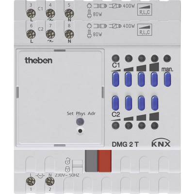 Ein weißes Steuergerät mit blauen Knöpfen und Schaltern, beschriftet mit 'theben', 'DMG 2 T', und 'KNX', zeigt Schaltoptionen und LED-Anzeigen.