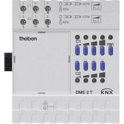 Ein elektrisches KNX-Schaltgerät mit verschiedenen blauen Tasten und Anschlussklemmen. Markenname und Modellnummer aufgedruckt.