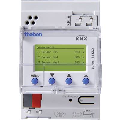 Ein KNX-Gerät von theben zeigt Sensordaten an: 'L1 Sensor Ost 528 lx', 'L2 Sensor Süd 0 lx', 'L3 Sensor West 883 lx'.