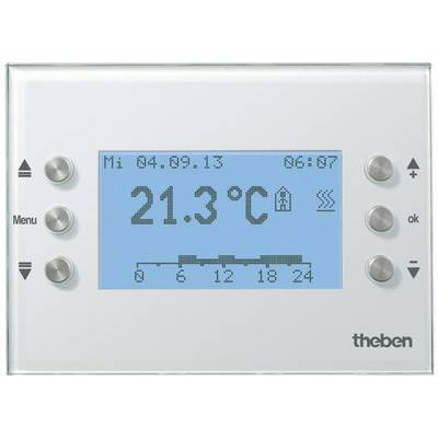 Ein digitales Thermostat zeigt '21.3 °C' an. Links sind Tasten für Menü und Navigation, rechts ok-Taste für Auswahl.