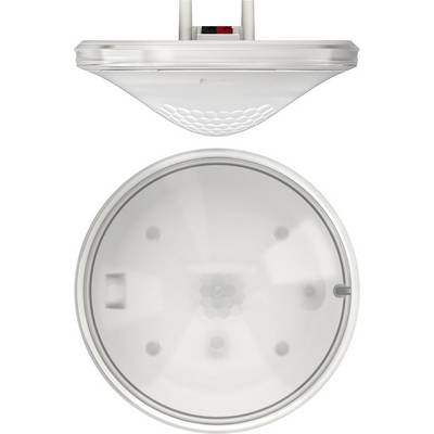 Deckenmontierter Sensor oben und untenansicht. Oben Lichtkuppel mit strukturiertem Design. Unten zeigt inneren Mechanismus.
