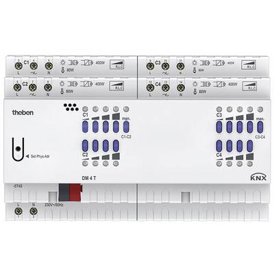 Das Bild zeigt ein KNX-Dimmermodul mit mehreren Anschlüssen und Schaltern. Es dient zur Steuerung von Beleuchtung in einem Smart Home-System.