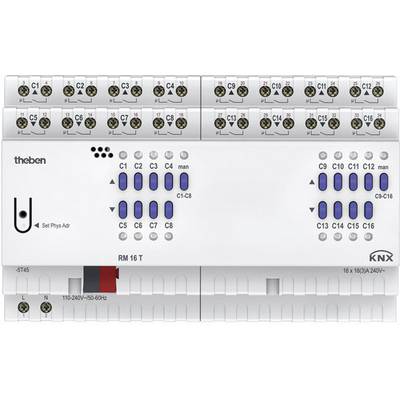 Elektrisches Schaltgerät mit 16 Kanälen, physikalischer Adressierung und manuellem Steuerungsschalter, geeignet für KNX-Systeme.