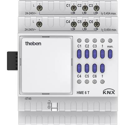 Ein KNX-Modul mit mehreren Anschlüssen und blauen Tasten, beschriftet mit 'C1' bis 'C6'. Oben rechts steht 'Iᶻ 0,45A max.'