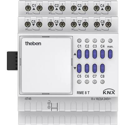 Ein KNX-Schaltaktor mit acht Kanälen zur Steuerung elektrischer Lasten. Markenname 'Theben', Produktbezeichnung 'RME 8 T'.