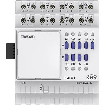 Ein KNX-Schaltaktor-Modul mit acht blauen LED-Anzeigen und Kontrollen für manuelle Schaltung und automatische Steuerung.