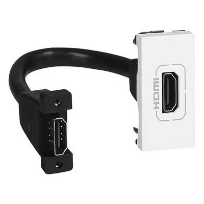 Schwarzes HDMI-Kabel mit rechtwinkligem Adapter, verbunden mit einer weißen Wandplatte.