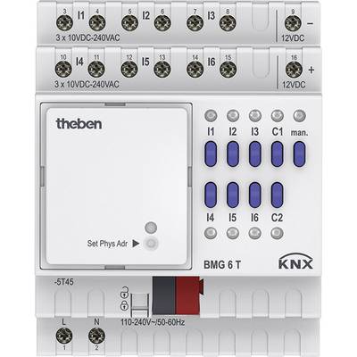 'KNX BMG 6 T' zeigt Bedienfeld mit Schaltern und LEDs. Dient der Steuerung in Gebäudemanagementsystemen.