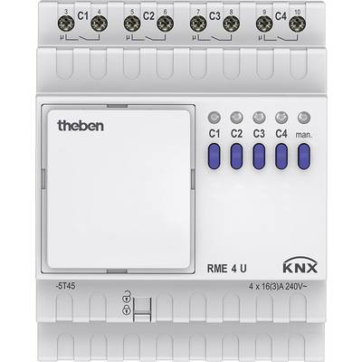 'KNX RME 4 U' Modul von Theben, mit Schaltern für C1 bis C4. Oben sind Schraubklemmen für elektrische Verbindungen.