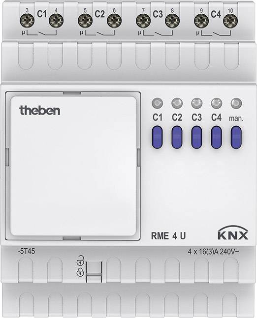 Ein KNX-Schaltaktor mit vier Kanälen, gekennzeichnet als C1 bis C4, jeweils mit einem blauen Schalter. Oben Schraubklemmen, unten technische Daten.