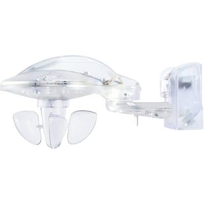 Transparentes, futuristisches Gerät mit Propeller und Sensoreinheit. Zur Überwachung von Umweltbedingungen, an der Wand montierbar.