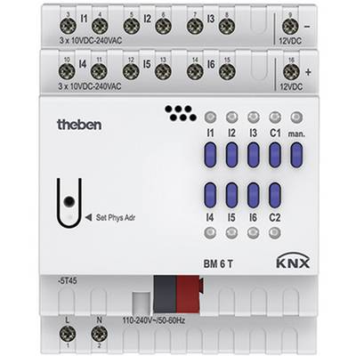 'Theben BM 6 T' KNX-Gerät, Modul mit mehreren Eingängen und Ausgängen, für die Gebäudeautomation. Markierungen für Spannungen sichtbar.