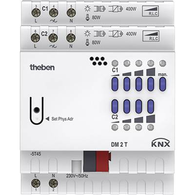 Ein weißes KNX-Installationsmodul der Marke Theben zeigt verschiedene Tasten und Anschlüsse zur Steuerung von Elektrogeräten.