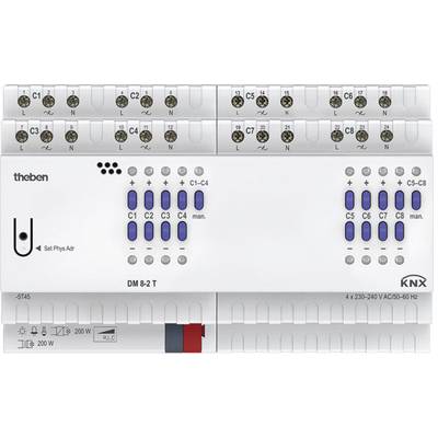 Abbildung eines KNX-Dimmermodules von Theben mit 8 Kanälen, blauen Schaltern für manuelle Bedienung und Anschlussklemmen oben.
