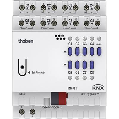 Ein KNX-Schaltaktor mit acht Kanälen, LEDs zur Statusanzeige und Schraubklemmen für den Anschluss, geeignet für Hausautomation.
