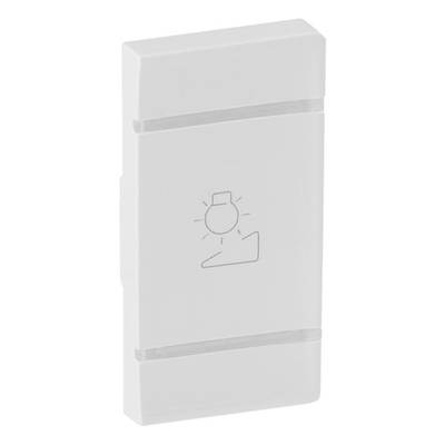 Ein rechteckiger Lichtschalter mit einem Lampensymbol und einem Dimmsymbol in der Mitte, umringt von einer schlichten weißen Abdeckung.