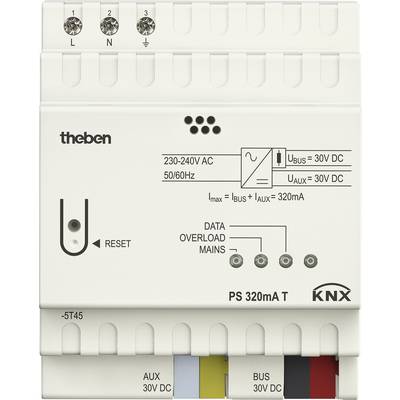 Das Bild zeigt ein KNX Stromversorgungsgerät 'Theben PS 320mA T'. Es hat Anschlüsse für AC-Eingang und DC-Ausgang sowie eine Reset-Taste.