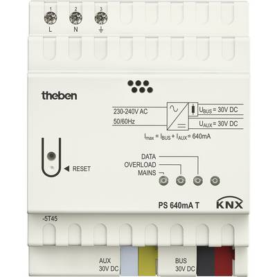 Das Bild zeigt ein KNX-Netzteil von Theben, Modell PS 640mA T, für 230-240V AC und 50/60Hz. Es hat einen Reset-Knopf und drei farbcodierte Ausgänge: AUX 30V DC, BUS 30V DC.