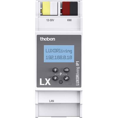 Ein Display auf einem Steuergerät zeigt 'LUXORliving 192.168.0.10'. Oben finden sich farbige Anschlüsse und Beschriftungen '12-30V' und 'KNX'.
