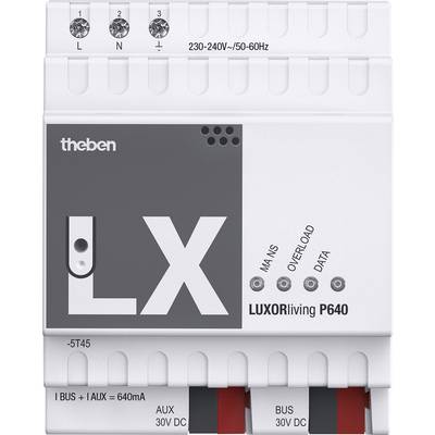 Weißes LX KNX-Modul mit Anschlüssen oben und unten, Anzeigeleuchten für Status. Markiert mit 'LUXORliving P640'.