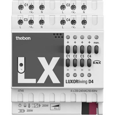 Die Abbildung zeigt ein 'LUXORliving D4'-Gerät von Theben mit mehreren Anschlüssen, Schaltern und einer KNX-Kennzeichnung.