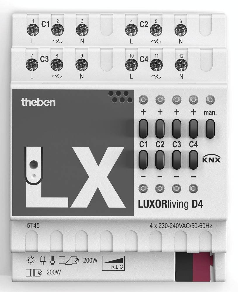 'Theben LUXORliving D4 Aktor mit vier Kanälen, KNX-kompatibel, zur Steuerung von Beleuchtung und anderen elektrischen Geräten.'