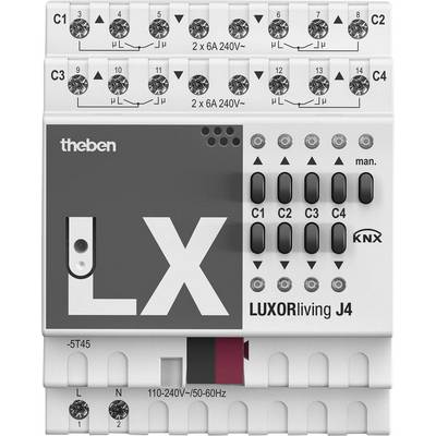 Das Bild zeigt ein LX LUXORliving J4 Gerät von Theben. Es hat mehrere Taster und Verbindungsklemmen. Geeignet für Spannungen von 110-240V/50-60Hz.