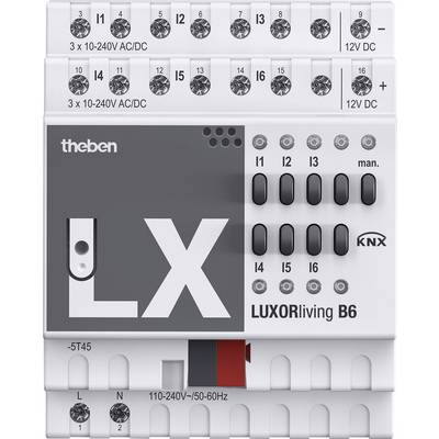 Das Bild zeigt eine KNX-Steuereinheit Theben LUXORliving B6. Sie verfügt über verschiedene Eingänge, Ausgänge und Anschlussoptionen.
