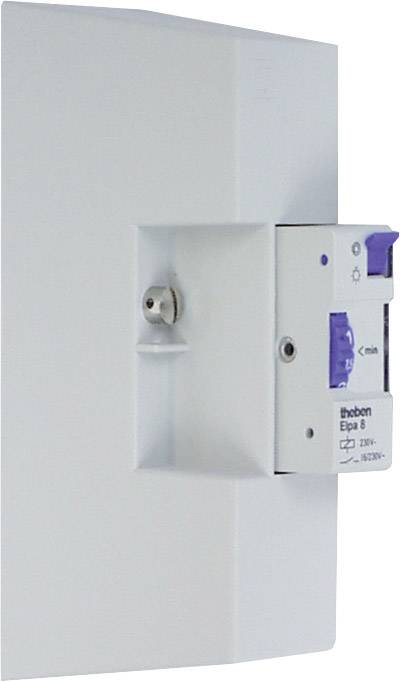 Seitenansicht eines elektronischen Geräts an einer Wand, mit blauem Schalter und Beschriftung 'theben Elpa 8'.