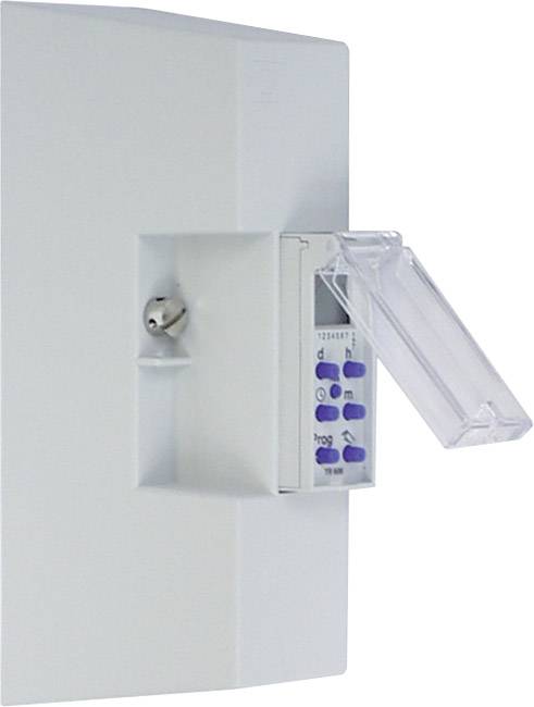 Ein elektrischer Steuerkasten mit einer durchsichtigen Abdeckung, die ein Zahlenfeld mit blauen Tasten und einem kleinen Display schützt.