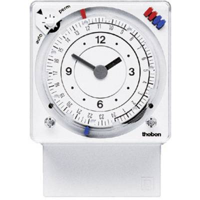 Analoge Zeitschaltuhr mit 24-Stunden-Skala, Drehrad für Einstellungen und Schalter für Betriebsmodi 'auto' und 'perm'.