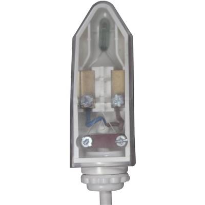 Ein durchsichtiger elektrischer Sicherungskörper mit sichtbaren Metallkomponenten und einer grünen Glühlampe.