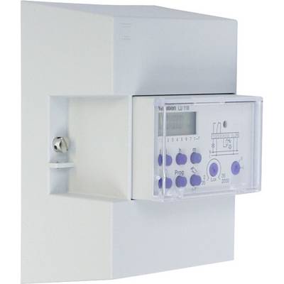 Ein elektronischer Zeitschaltuhr mit mehreren blauen Tasten und einem Display, montiert an einer Wand.