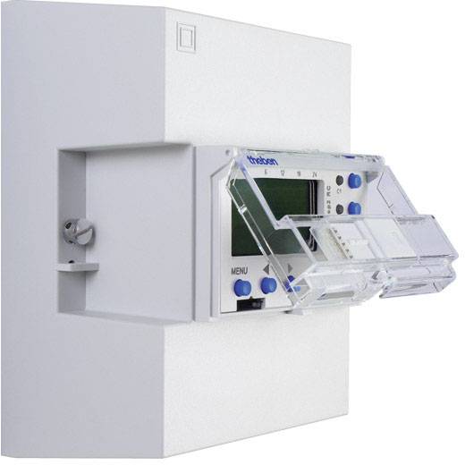 Ein modernes Wandthermostat mit Display und blauem Bedienknopf, zeigt aktuelle Temperatureinstellungen und Steuerungsoptionen.