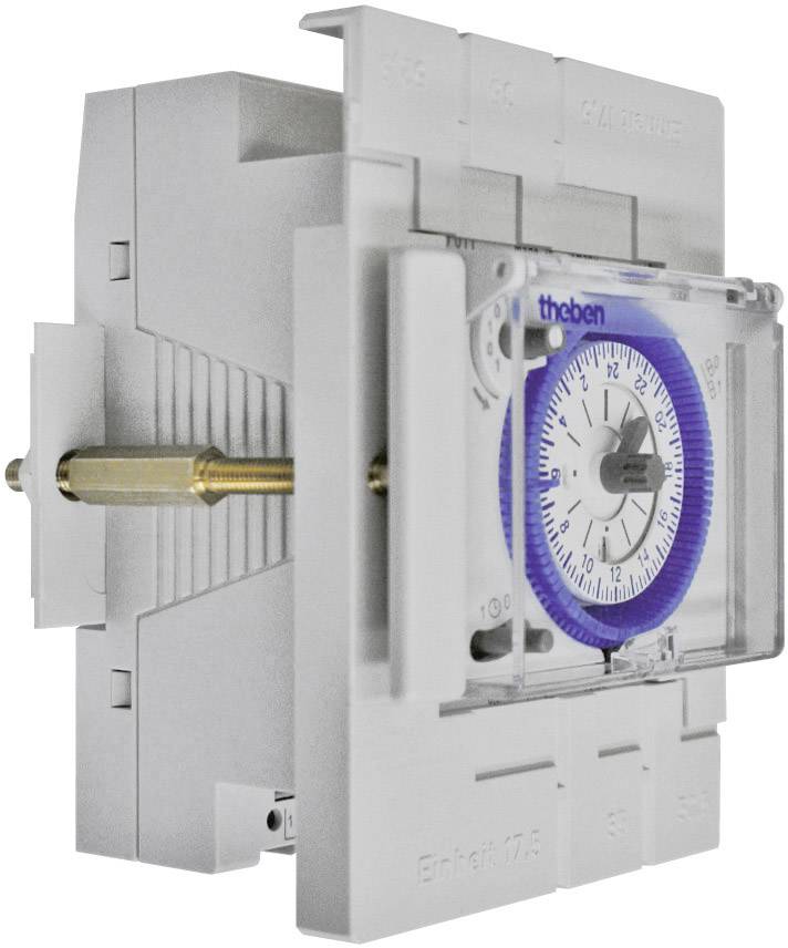 Mechanische Zeitschaltuhr in seitlicher Ansicht, zeigt eine Uhr mit einem blauen Ring und weißen Zifferblatt zur Steuerung von elektrischen Geräten.