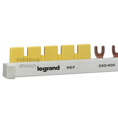 Ein elektrischer Schienenverbinder mit gelben Abdeckungen und Kupferklemmen, beschriftet mit 'legrand REF 230/400'.