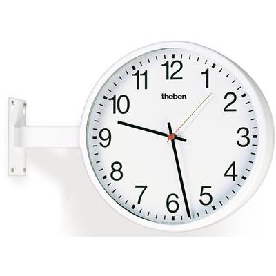 Eine weiße Wanduhr mit klaren schwarzen Zahlen und einem roten Sekundenzeiger zeigt 10:10 Uhr an. Sie ist an einer Halterung befestigt.