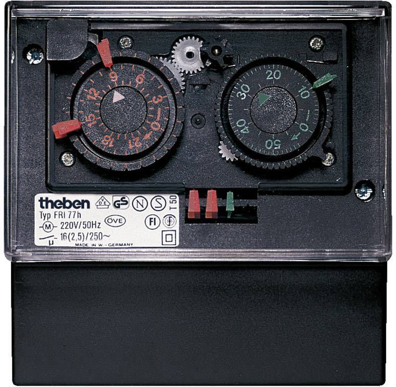 'Theben Typ FRI 7rh' Zeitschaltuhr mit zwei drehbaren Zifferblättern zur Einstellung der Schaltzeiten. Geeignet für 220V/50Hz.