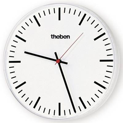 Weiße analoge Wanduhr mit schwarzem Stunden-, Minuten- und rotem Sekundenzeiger. Uhrzeit zeigt zehn Uhr zehn an.
