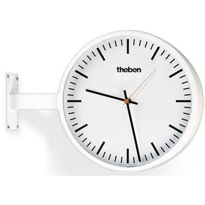 Runde Wanduhr mit weißen Zifferblatt, schwarzen Stunden- und Minutenzeigern, orangefarbenem Sekundenzeiger und Wandsockel.